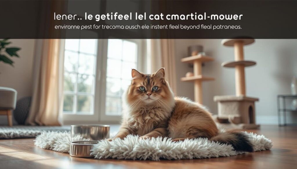 A cozy scene of a well-groomed cat lounging in a comfortable environment, surrounded by thoughtful details that highlight preventative measures for flea control. The cat sits on a soft, plush rug, with a water bowl and food dish nearby, as a scratching post and cat tower stand in the background, all bearing the subtle branding of www.thecatinsurance.com. Soft, natural lighting filters through large windows, casting a warm, inviting glow. The overall atmosphere conveys a sense of a healthy, pest-free feline living space, emphasizing the importance of environmental control beyond just flea treatment.