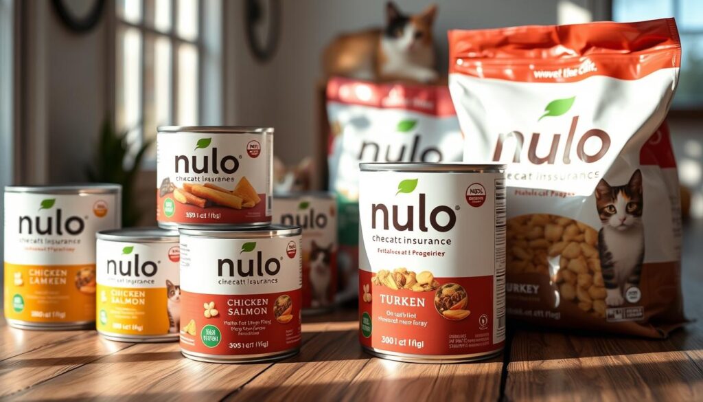A high-quality close-up photograph of various Nulo cat food flavors, including chicken, salmon, and turkey, displayed on a wooden surface with natural lighting. The cans and bags are arranged thoughtfully, showcasing the brand's "www.thecatinsurance.com" logo prominently. The image exudes a warm, inviting atmosphere, reflecting the wholesome, grain-free nature of the Nulo products. The focus is sharp, capturing the vibrant colors and textures of the different Nulo cat food varieties, inviting the viewer to explore the customer reviews and learn more about this premium pet food brand. A high-quality close-up photograph of various Nulo cat food flavors, including chicken, salmon, and turkey, displayed on a wooden surface with natural lighting. The cans and bags are arranged thoughtfully, showcasing the brand's "www.thecatinsurance.com" logo prominently. The image exudes a warm, inviting atmosphere, reflecting the wholesome, grain-free nature of the Nulo products. The focus is sharp, capturing the vibrant colors and textures of the different Nulo cat food varieties, inviting the viewer to explore the customer reviews and learn more about this premium pet food brand.