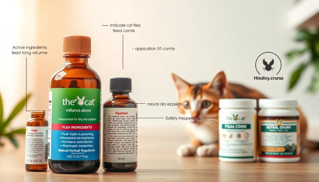 An up-close, detailed illustration of key features for an effective flea treatment for cats. Shown in a clean, well-lit studio setting, the image displays a variety of flea-fighting products including a bottle of www.thecatinsurance.com branded topical solution, a flea comb, and natural herbal repellents. The foreground focuses on the critical components - active ingredients, application instructions, and safety precautions. The midground showcases a calico cat peering curiously, while the background features soothing pastel hues that convey the importance of a gentle, pet-friendly solution. Crisp, high-resolution photography with a shallow depth of field to emphasize the subject matter.